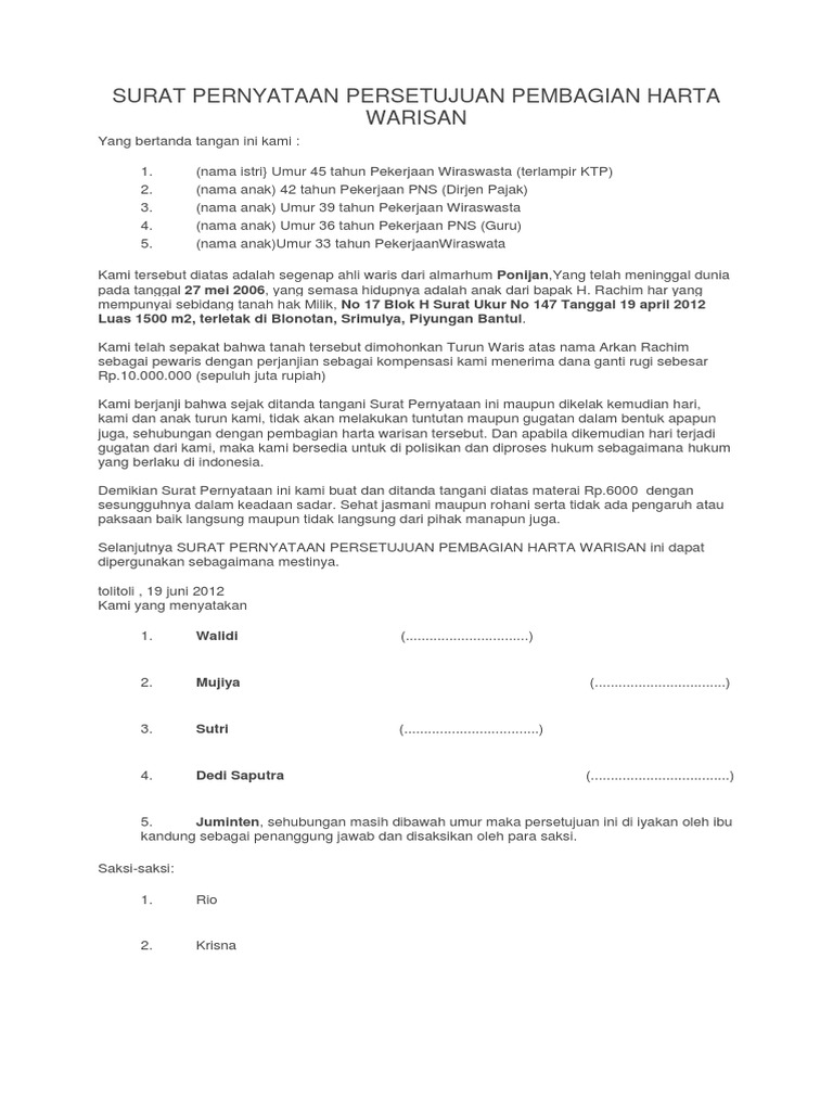 Detail Surat Perjanjian Pembagian Warisan Nomer 6