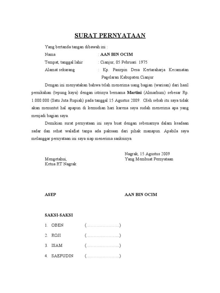 Detail Surat Perjanjian Pembagian Warisan Nomer 7