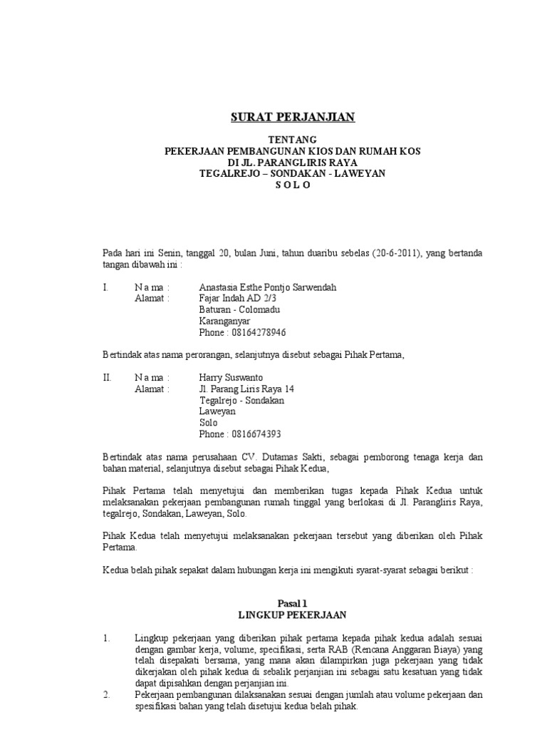 Detail Surat Perjanjian Pembangunan Rumah Tinggal Perorangan Nomer 4