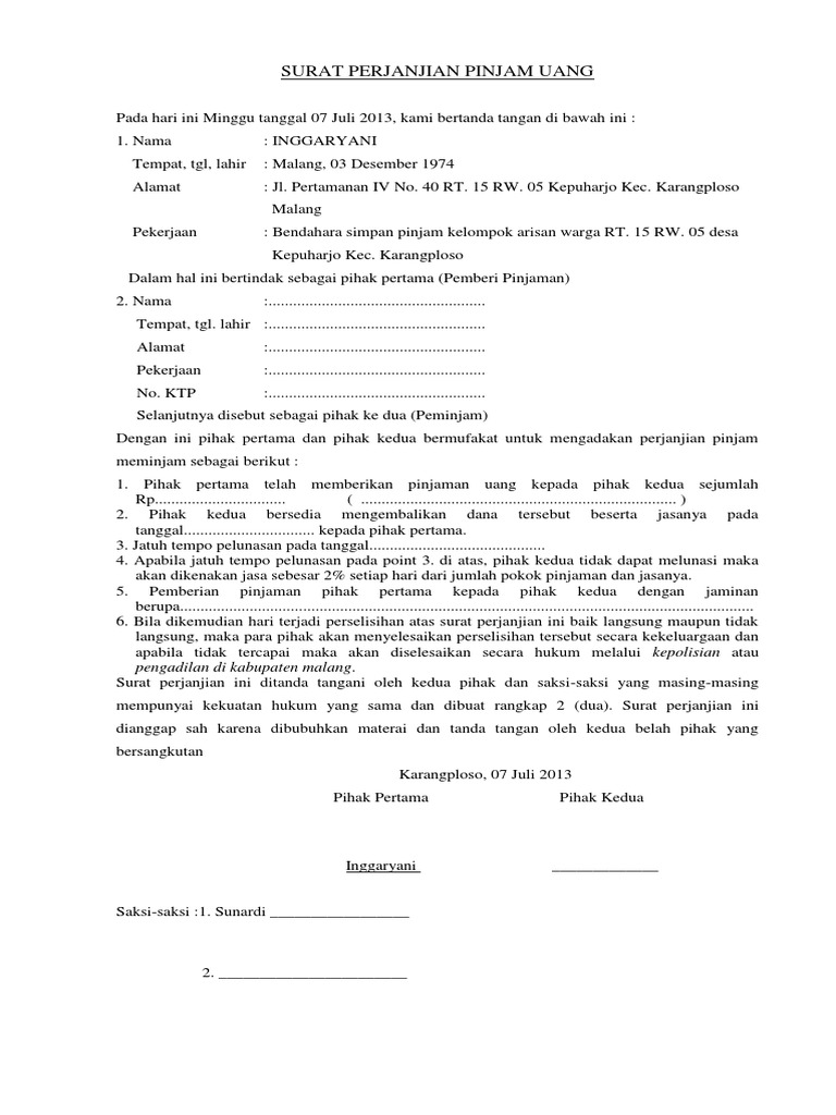 Detail Surat Perjanjian Pinjaman Nomer 13