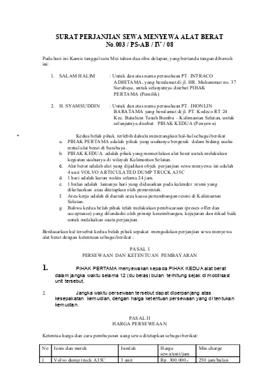 Detail Surat Perjanjian Sewa Alat Berat Nomer 7
