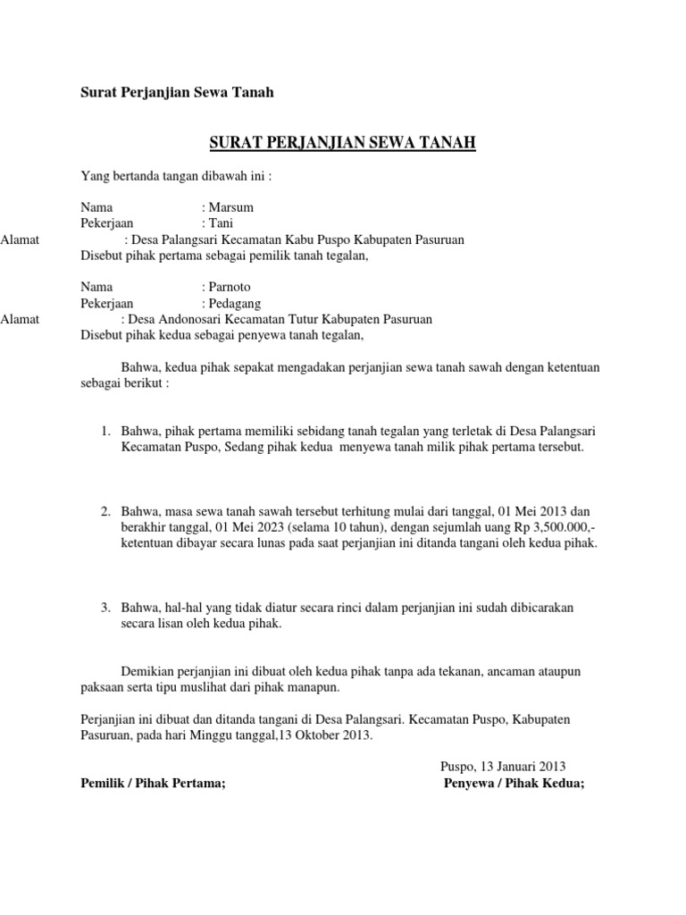 Detail Surat Perjanjian Sewa Tanah Nomer 26