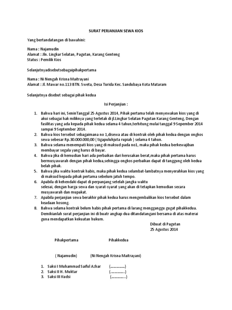 Detail Surat Perjanjian Sewa Toko Nomer 16