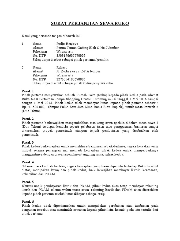 Detail Surat Perjanjian Sewa Toko Nomer 38