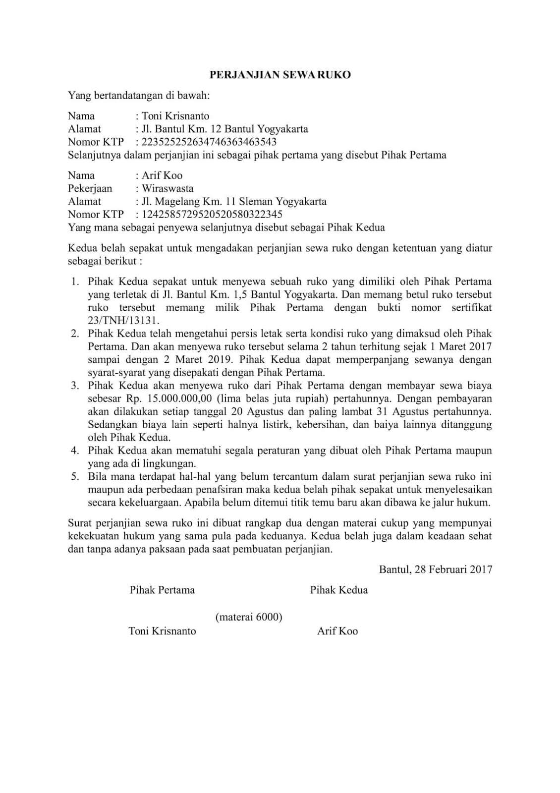 Detail Surat Perjanjian Sewa Toko Nomer 4