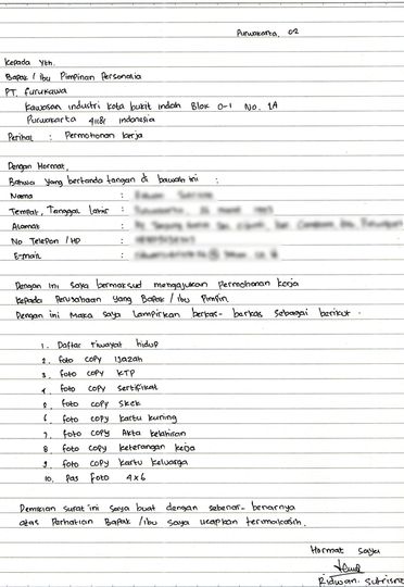 Detail Surat Permohonan Kerja Tulis Tangan Nomer 16