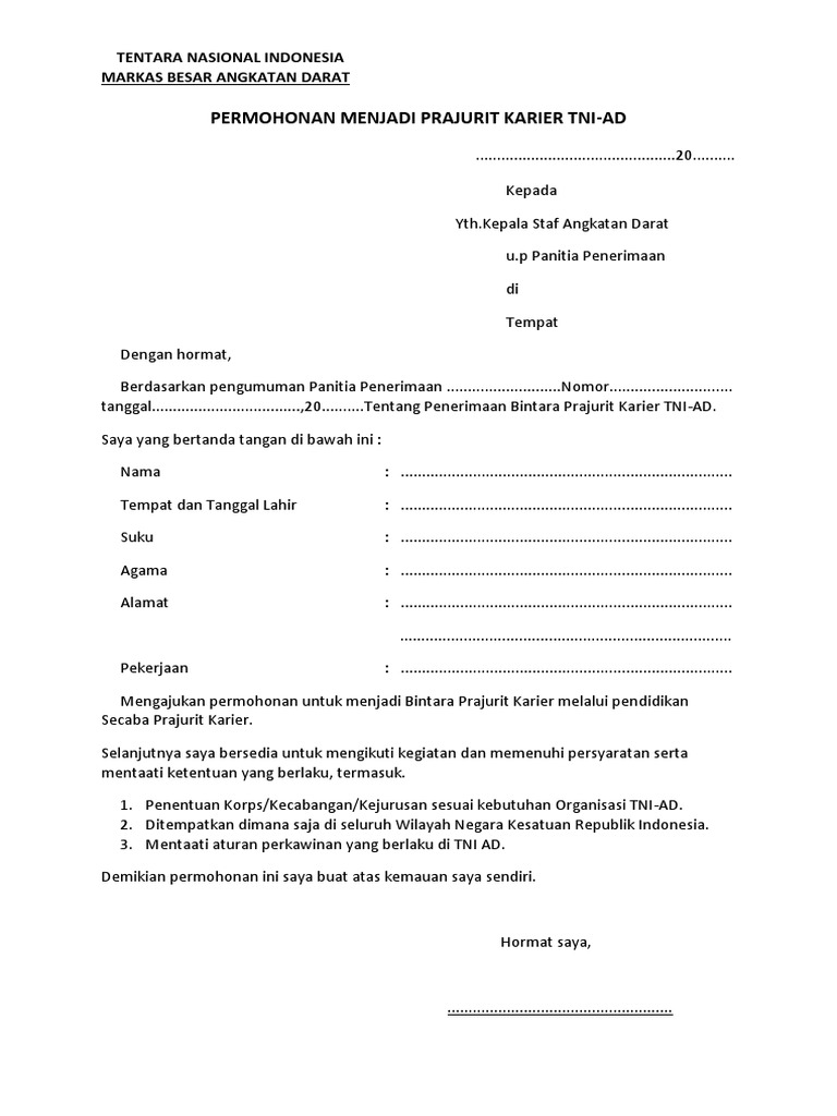 Detail Surat Permohonan Menjadi Prajurit Tni Nomer 20