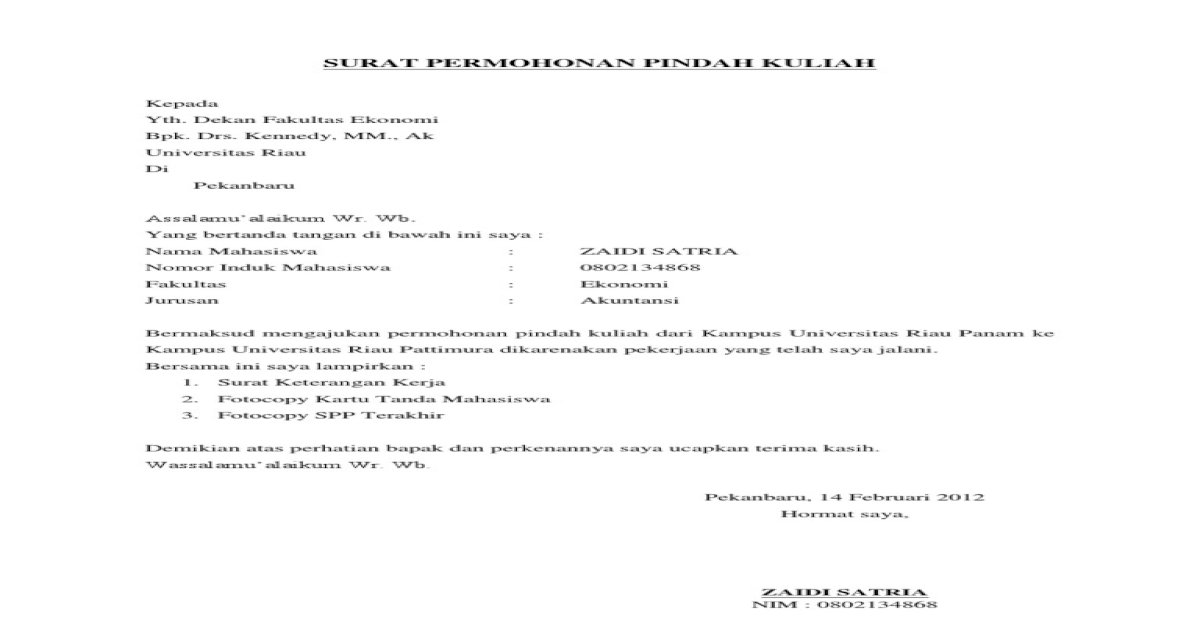 Detail Surat Permohonan Pindah Kampus Nomer 41