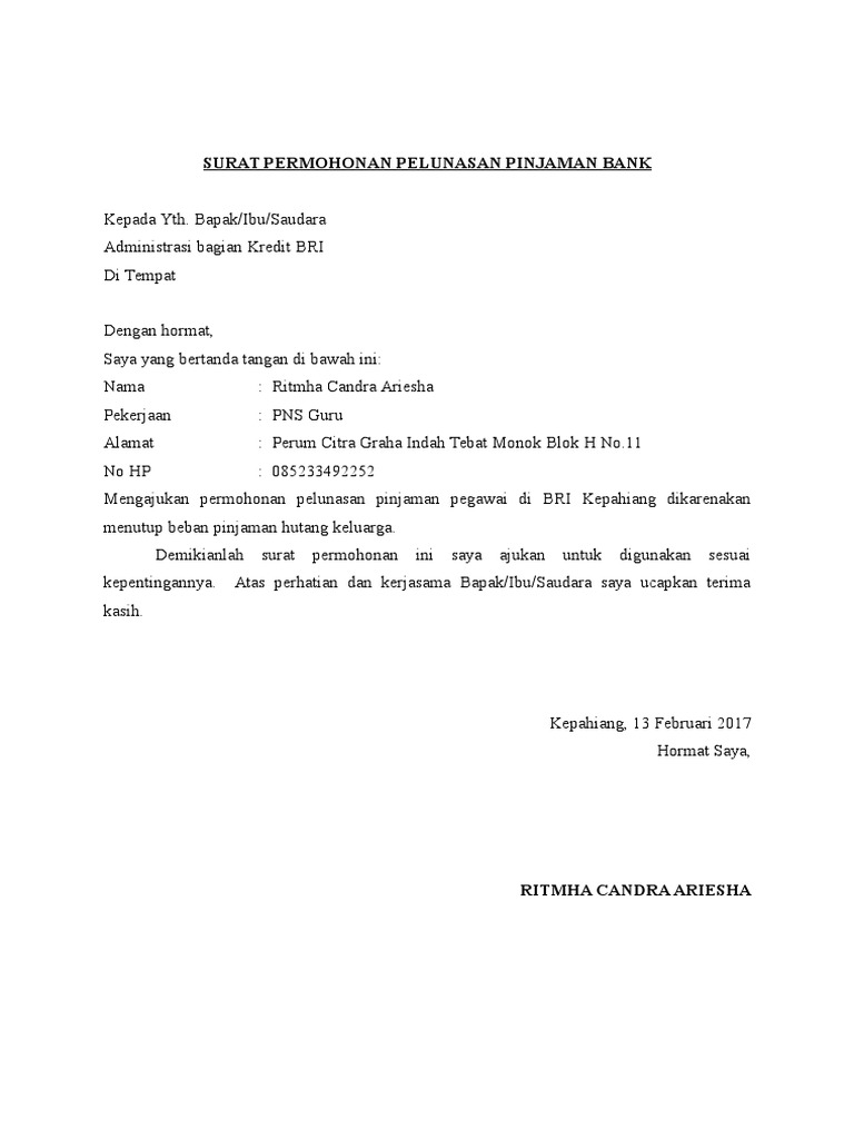 Detail surat permohonan take over kredit bank koleksi nomer 3