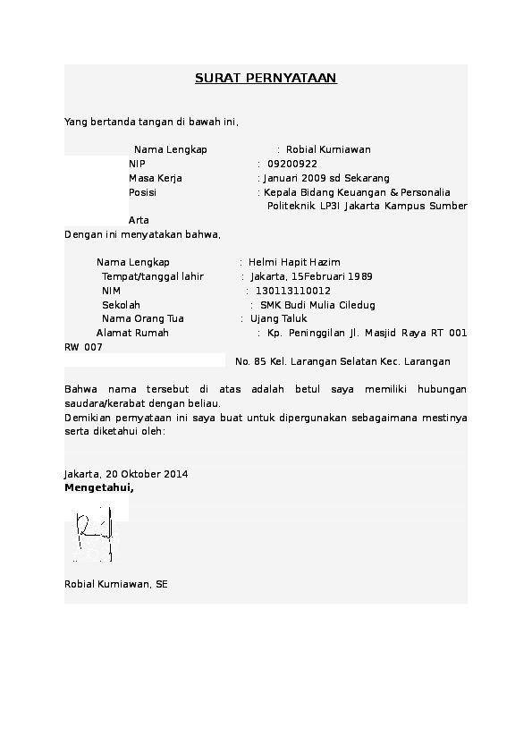 Detail Surat Pernyataan Anak Kandung Nomer 21