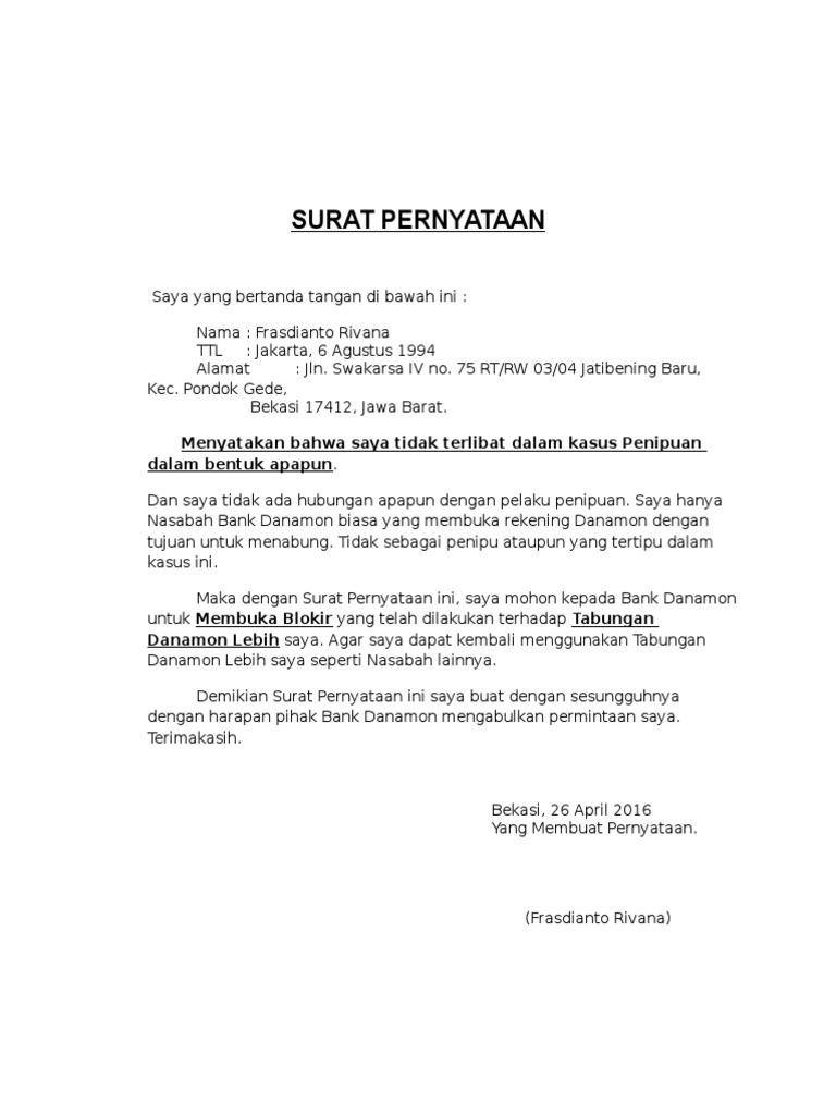 Detail Surat Pernyataan Bank Nomer 16