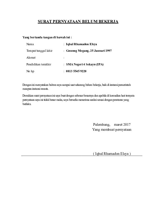 Detail Surat Pernyataan Belum Bekerja Nomer 3