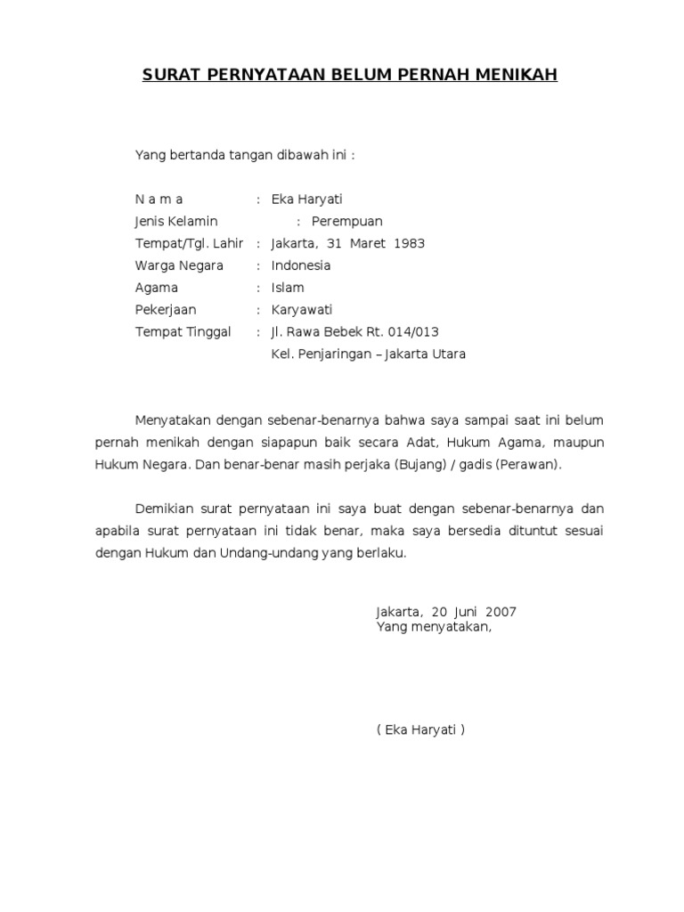 Detail Surat Pernyataan Belum Pernah Menikah Nomer 33