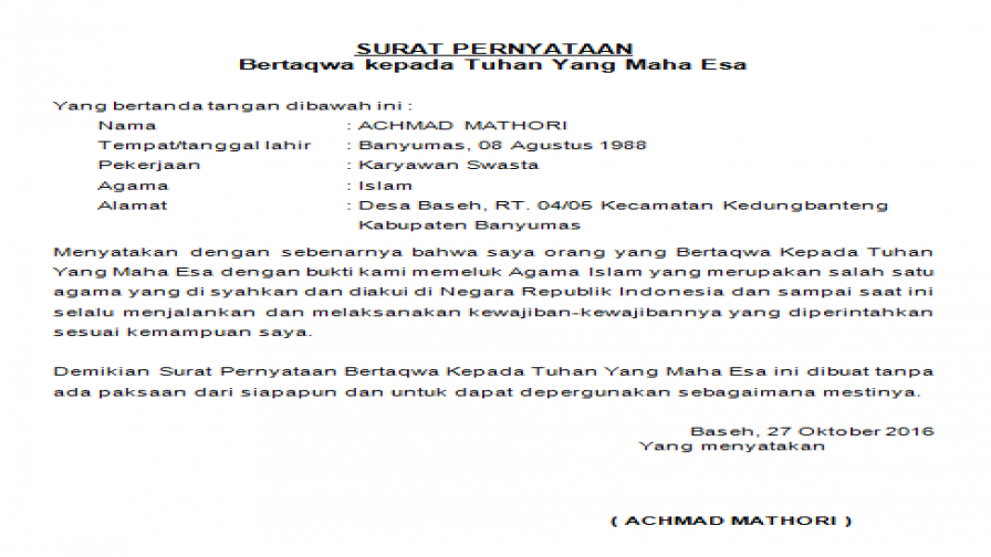 Detail Surat Pernyataan Bertaqwa Kepada Tuhan Yang Maha Esa Nomer 22