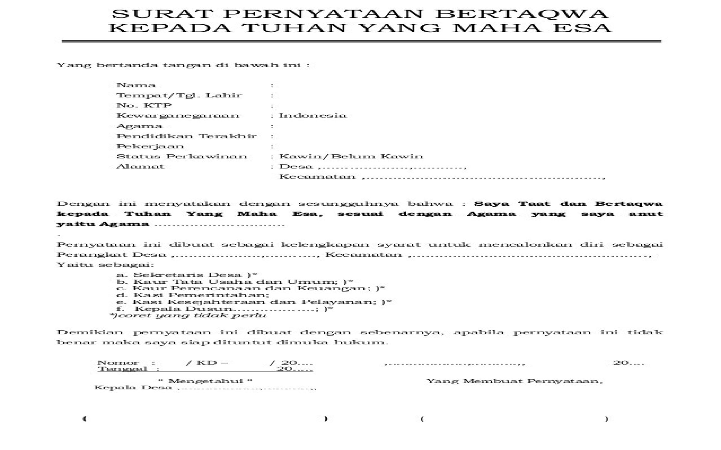 Detail Surat Pernyataan Bertaqwa Kepada Tuhan Yang Maha Esa Nomer 24