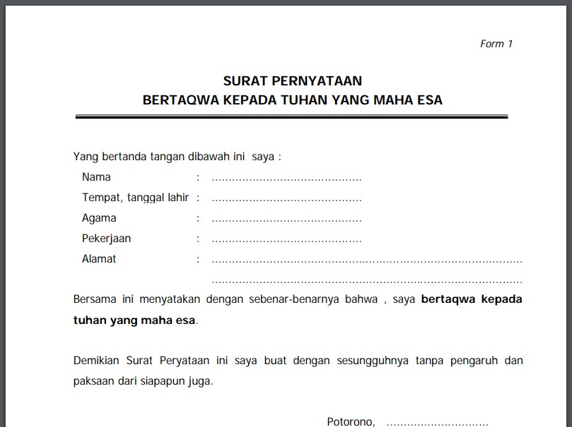 Detail Surat Pernyataan Bertaqwa Kepada Tuhan Yang Maha Esa Nomer 4