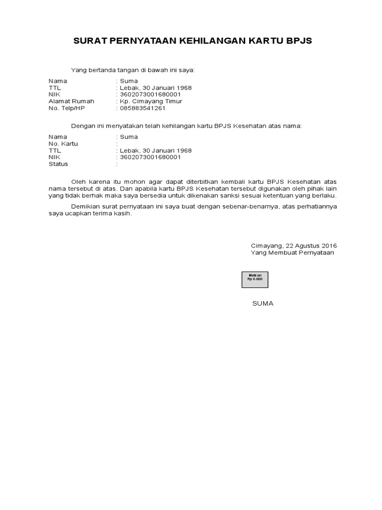 Detail Surat Pernyataan Bpjs Nomer 23