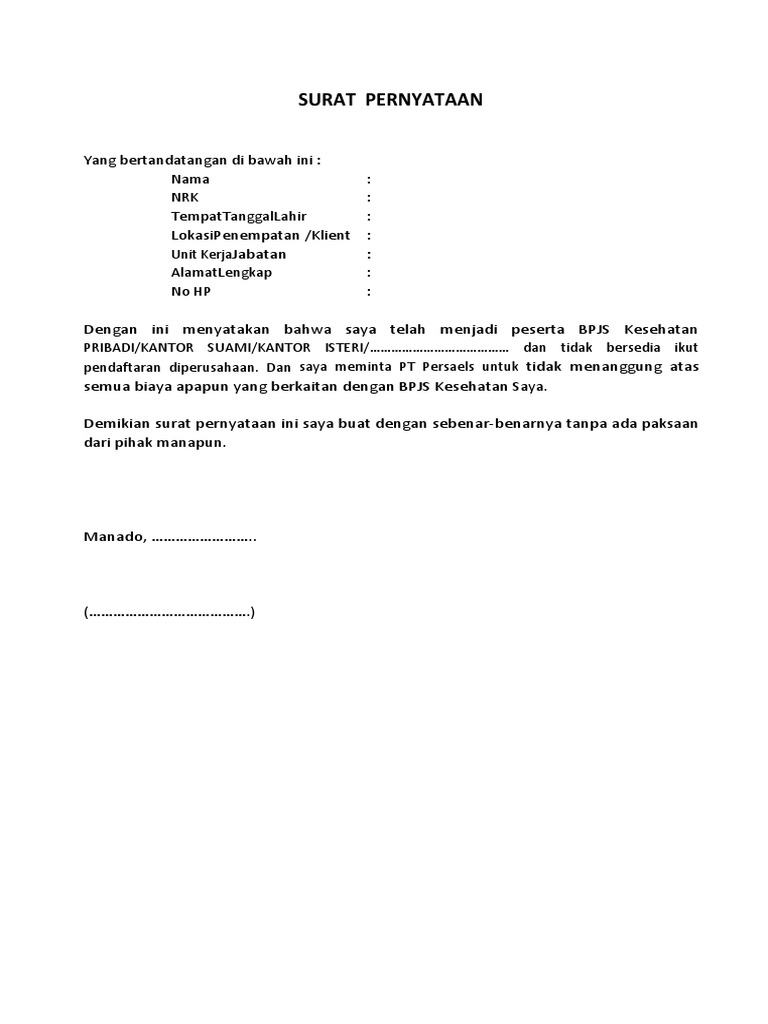 Detail Surat Pernyataan Bpjs Nomer 5
