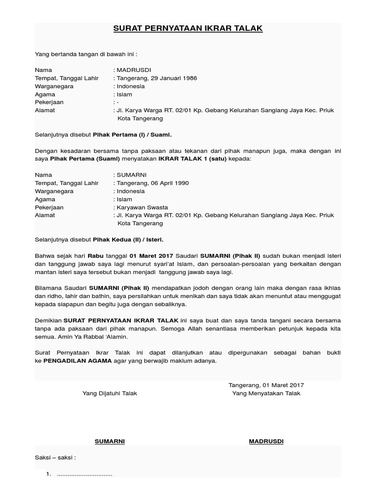 Detail Surat Pernyataan Cerai Talak Nomer 11