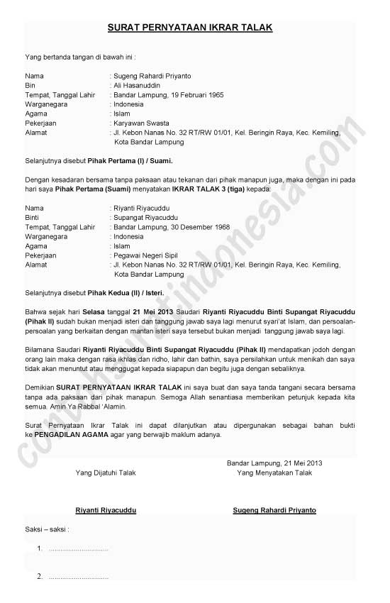 Detail Surat Pernyataan Cerai Talak Nomer 5