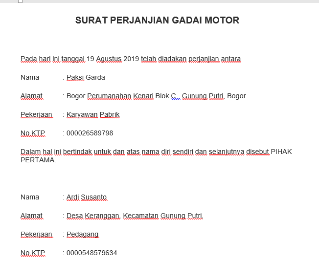 Detail Surat Pernyataan Gadai Motor Nomer 31