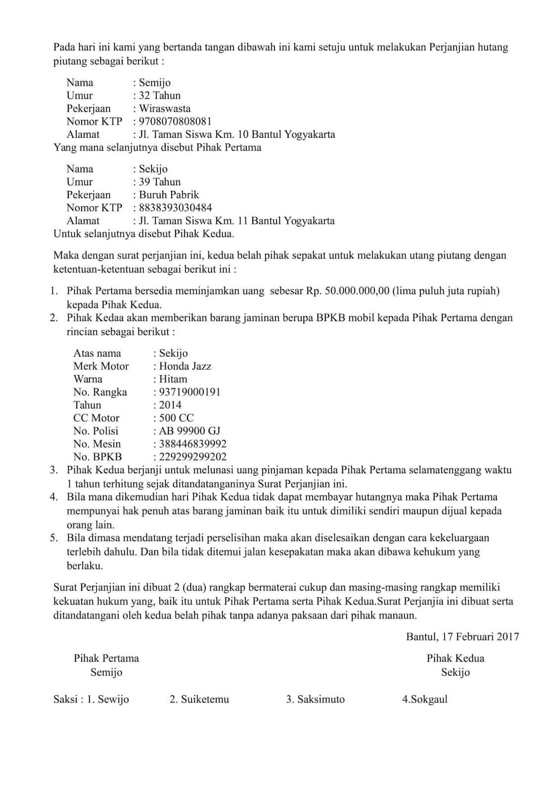 Detail Surat Pernyataan Gadai Motor Nomer 43
