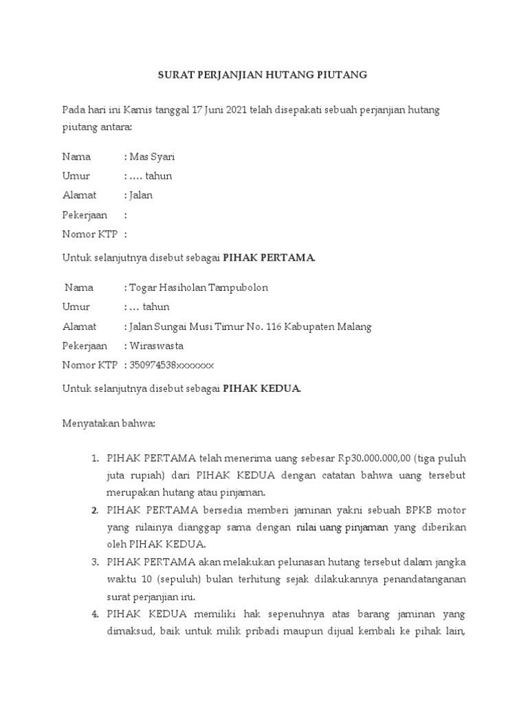 Detail Surat Pernyataan Hutang Piutang Nomer 50