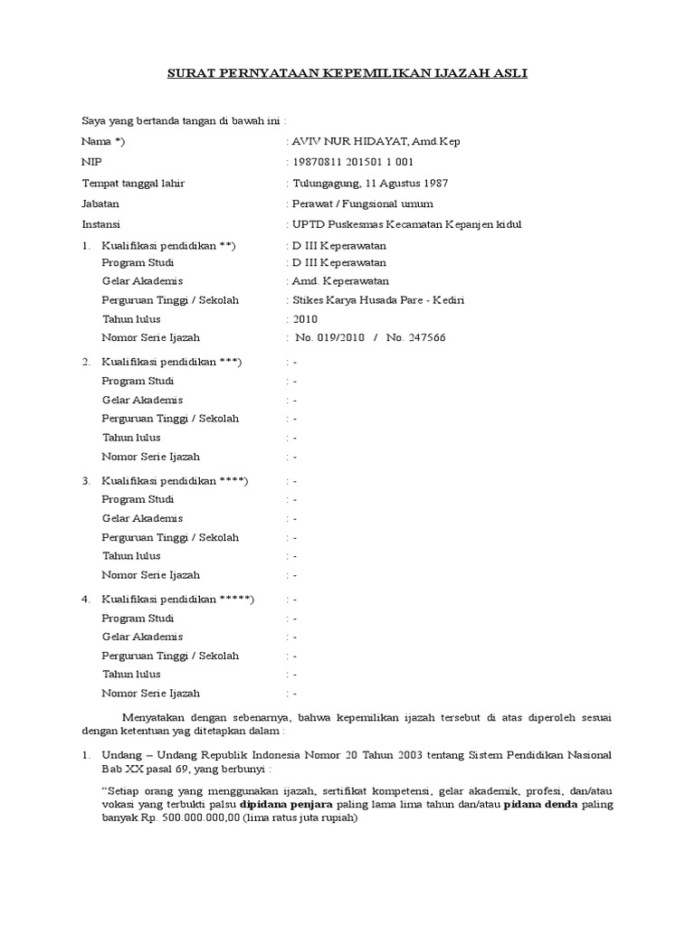 Detail Surat Pernyataan Ijazah Asli Nomer 11