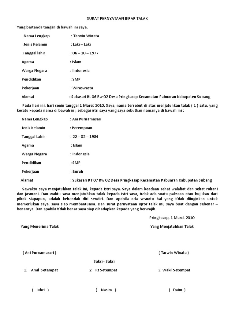 Detail Surat Pernyataan Ikrar Talak Nomer 24