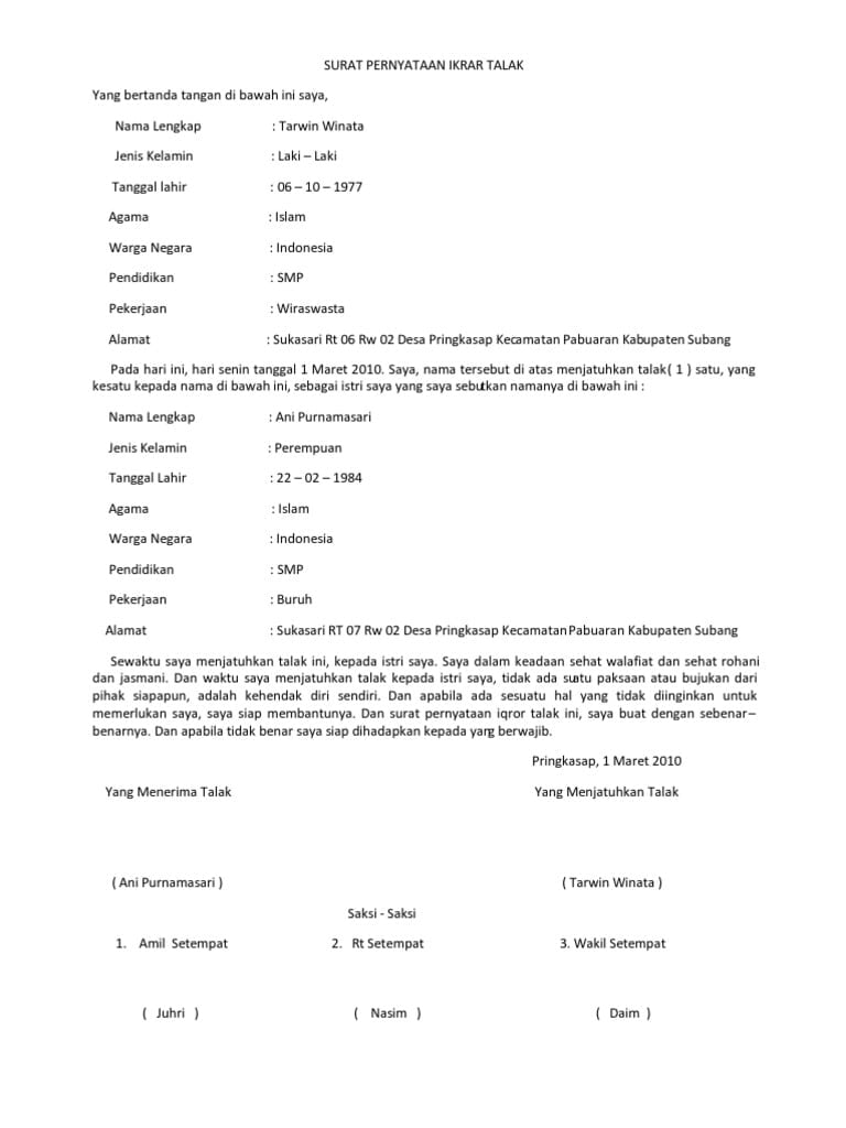 Detail Surat Pernyataan Ikrar Talak Nomer 28