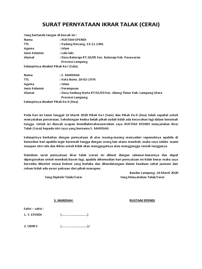Detail Surat Pernyataan Ikrar Talak Nomer 36