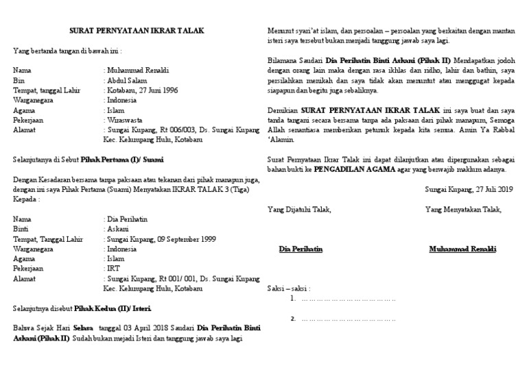 Detail Surat Pernyataan Ikrar Talak Nomer 50