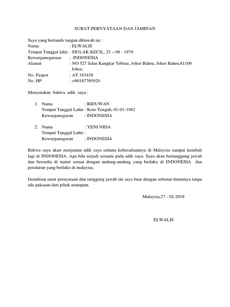 Detail Surat Pernyataan Jaminan Nomer 5