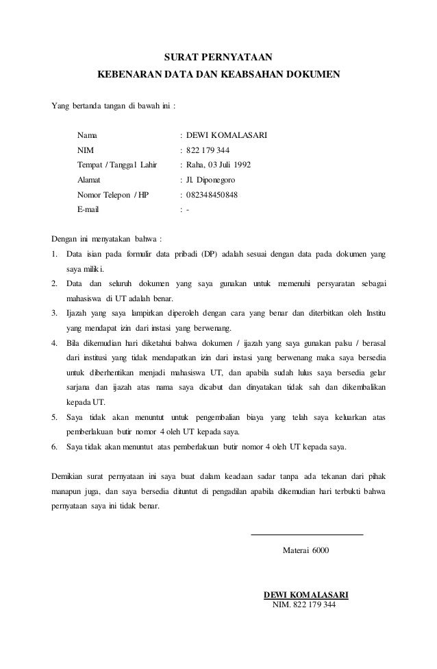 Detail Surat Pernyataan Kebenaran Dokumen Nomer 18