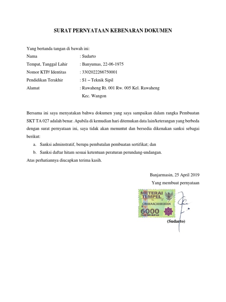 Download Surat Pernyataan Kebenaran Dokumen Nomer 21