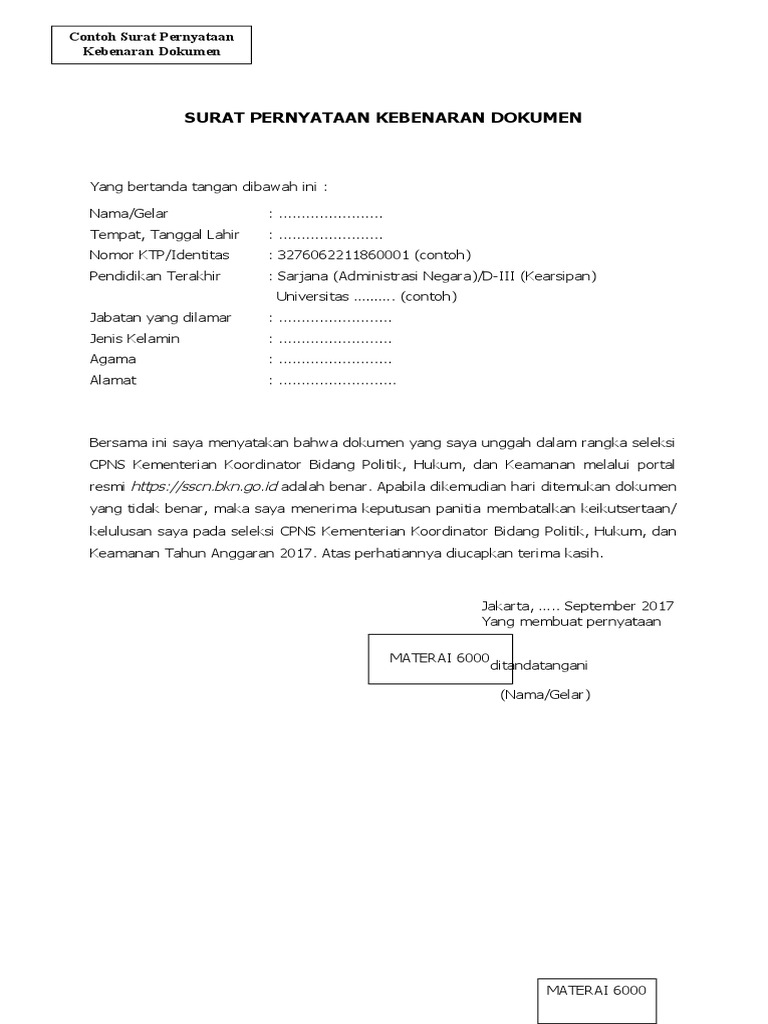 Detail Surat Pernyataan Kebenaran Dokumen Nomer 4