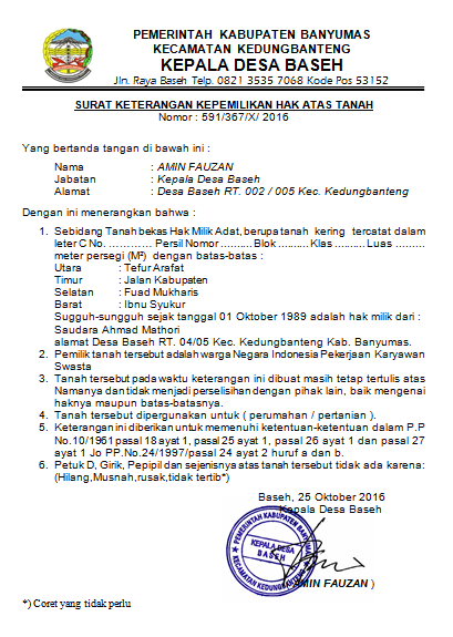 Detail Surat Pernyataan Kepemilikan Tanah Nomer 33