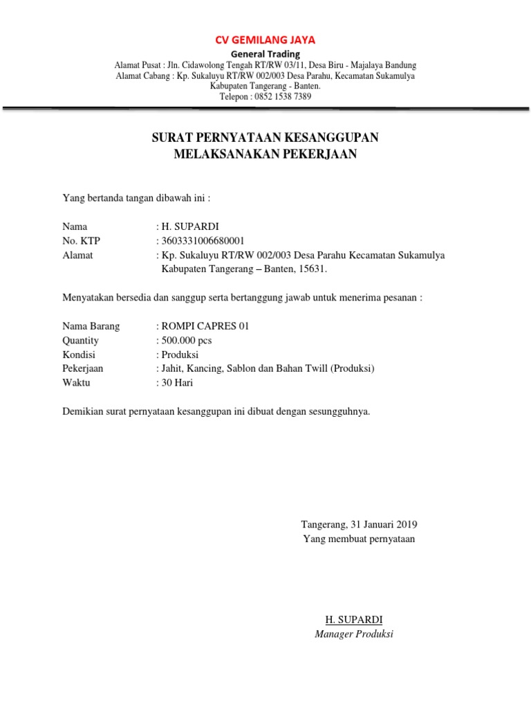 Detail Surat Pernyataan Kesanggupan Melaksanakan Pekerjaan Nomer 27