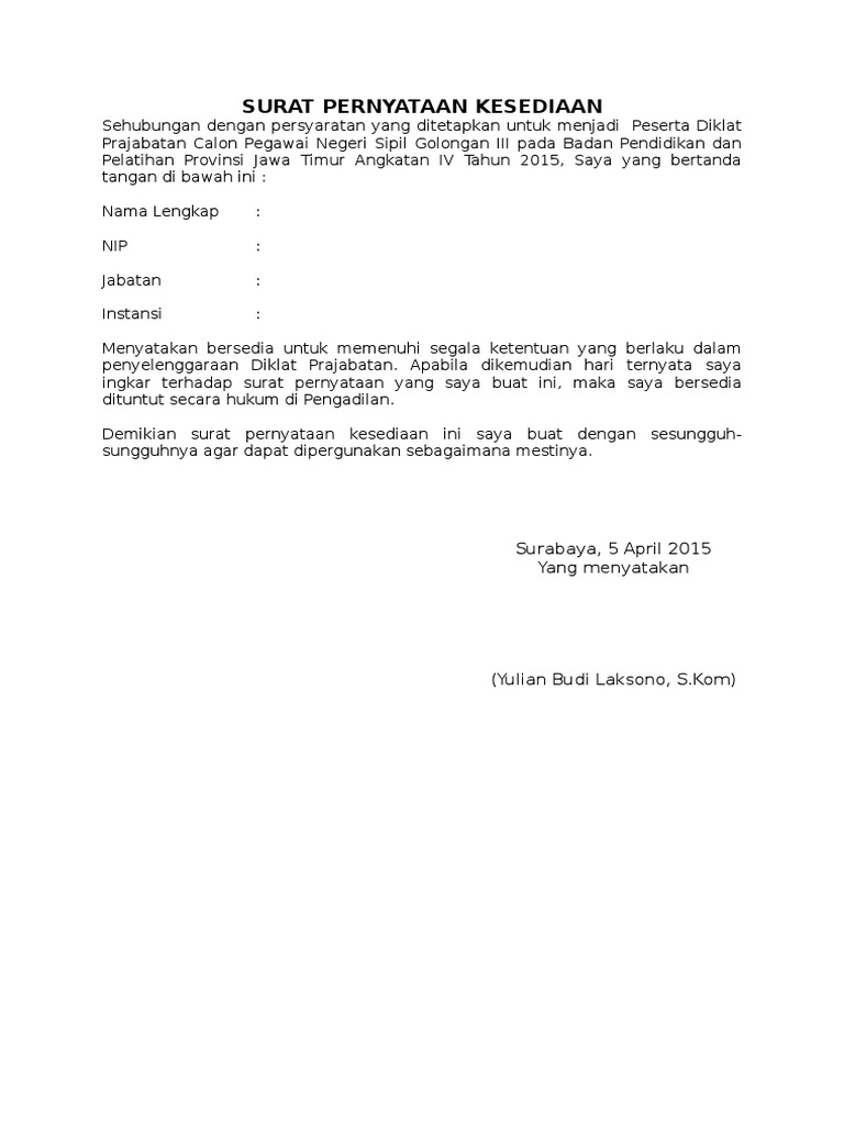 Detail Surat Pernyataan Kesediaan Nomer 10