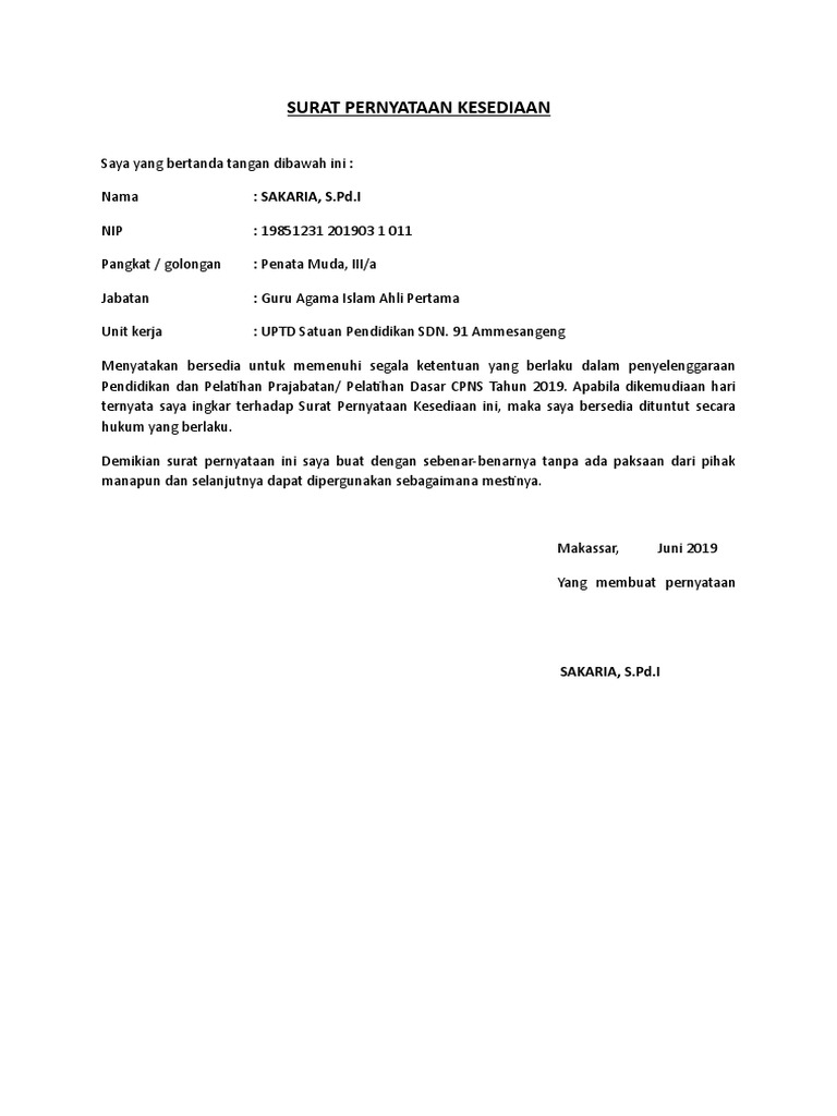 Detail Surat Pernyataan Kesediaan Nomer 3
