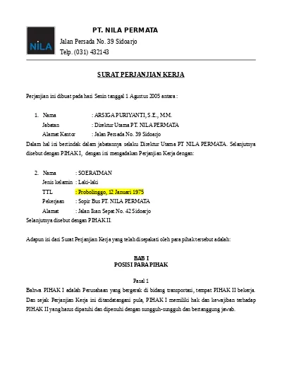 Detail Surat Pernyataan Kontrak Kerja Nomer 41