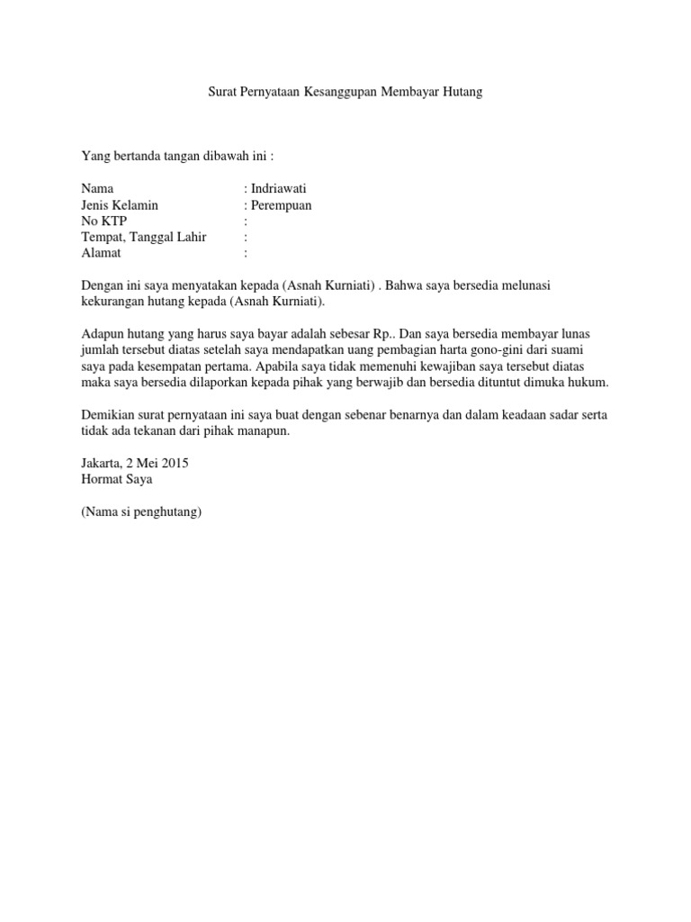 Detail Surat Pernyataan Membayar Hutang Nomer 43