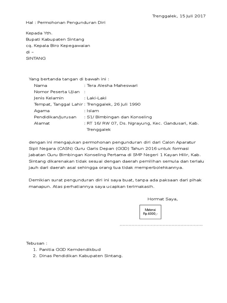 Detail Surat Pernyataan Mengundurkan Diri Dari Sekolah Nomer 18