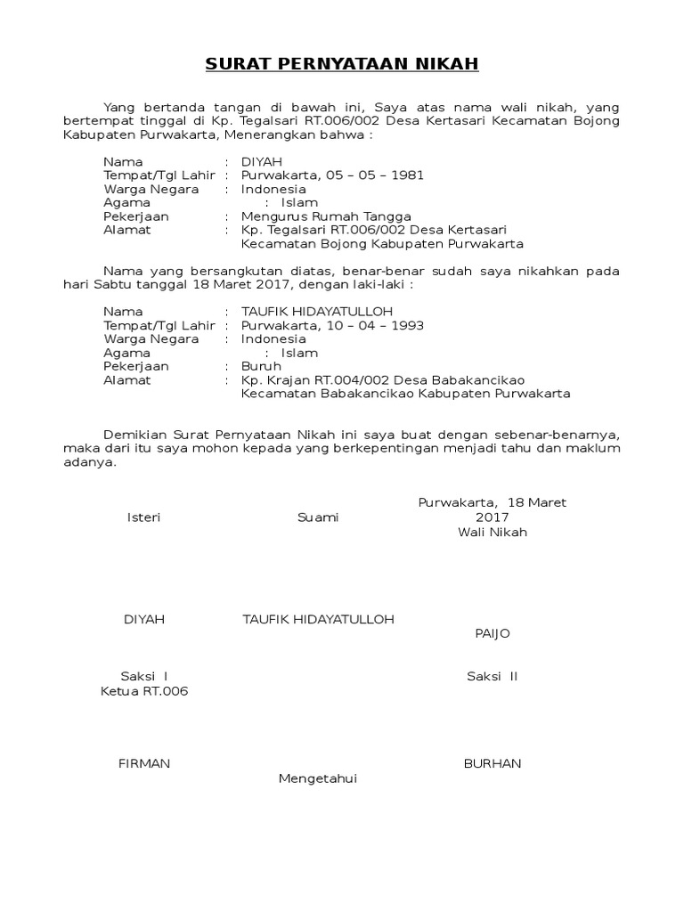 Detail Surat Pernyataan Nikah Nomer 6