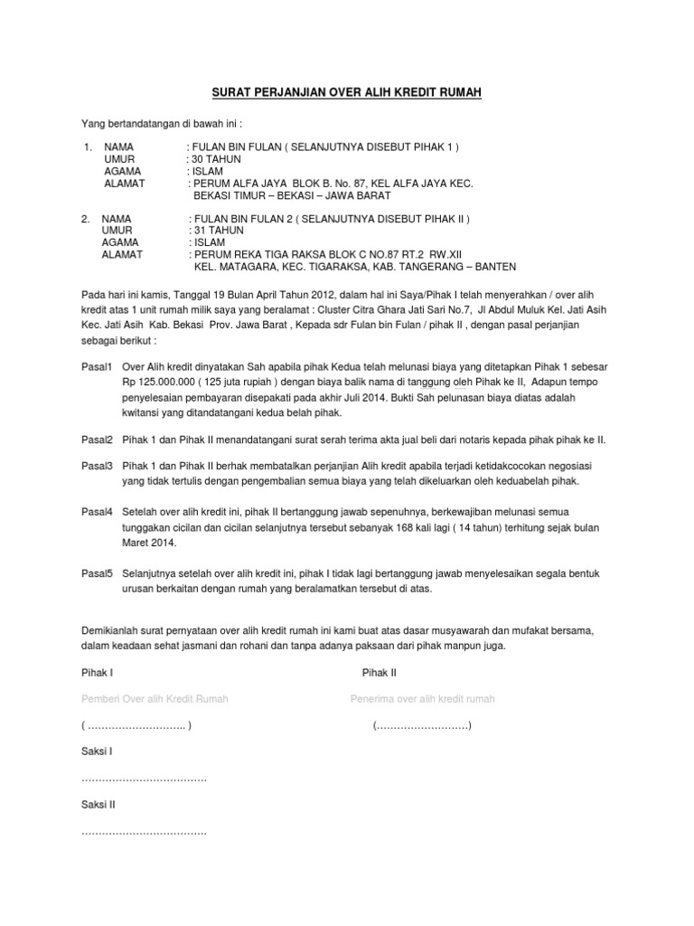 Detail Surat Pernyataan Over Kredit Rumah Nomer 6