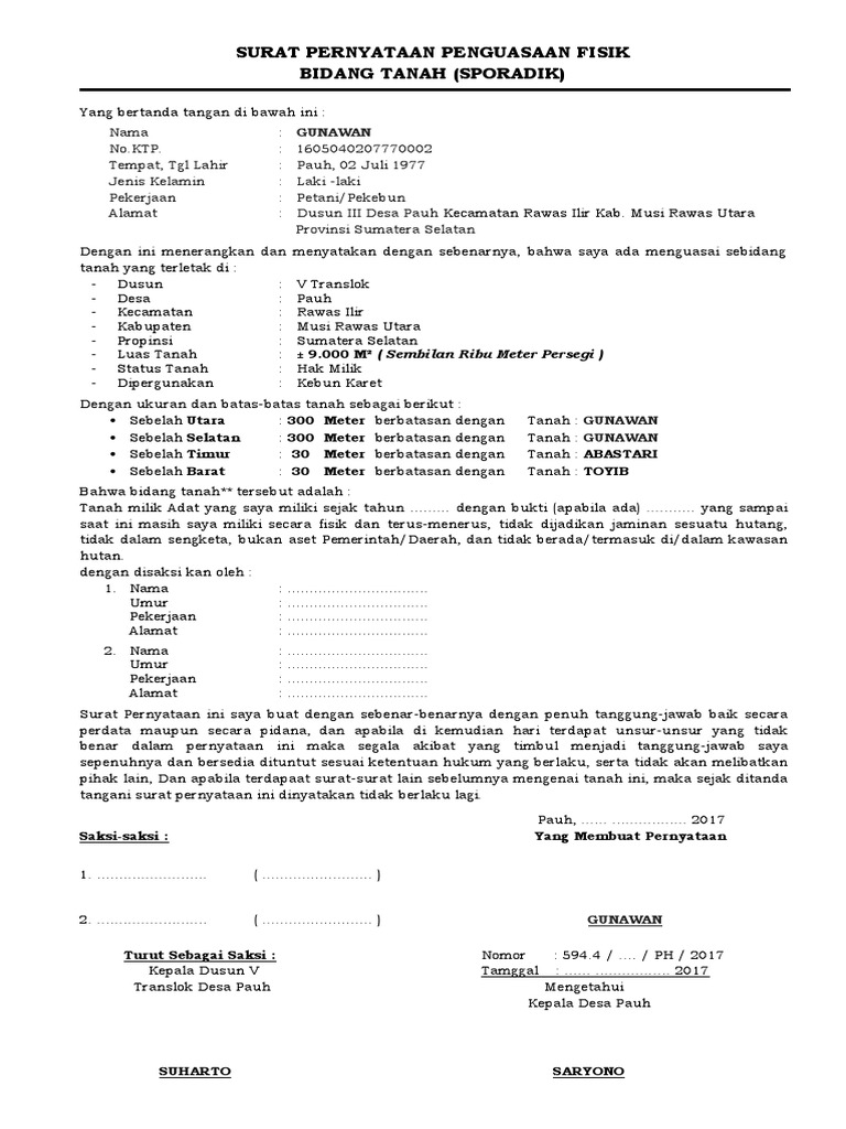 Detail Surat Pernyataan Penguasaan Fisik Bidang Tanah Nomer 16