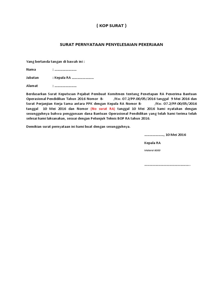 Detail Surat Pernyataan Penyelesaian Pekerjaan Nomer 29