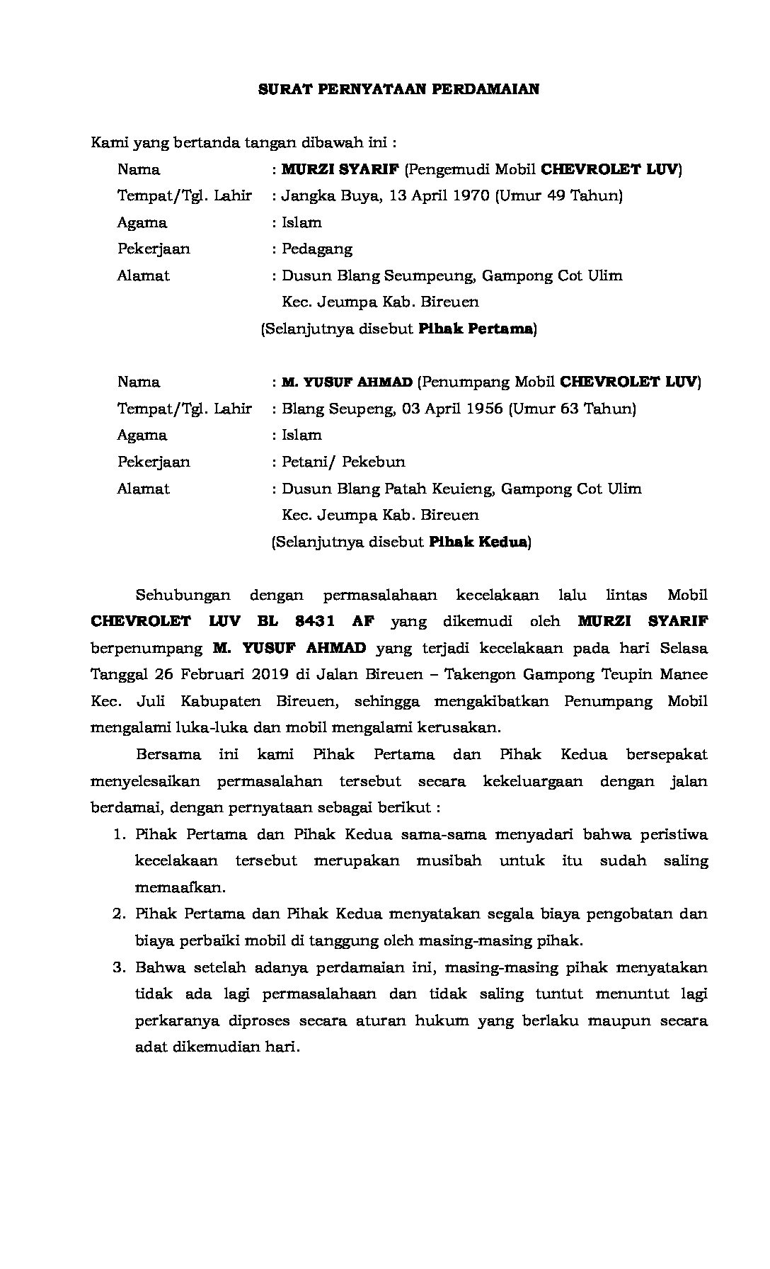 Detail Surat Pernyataan Perdamaian Nomer 10