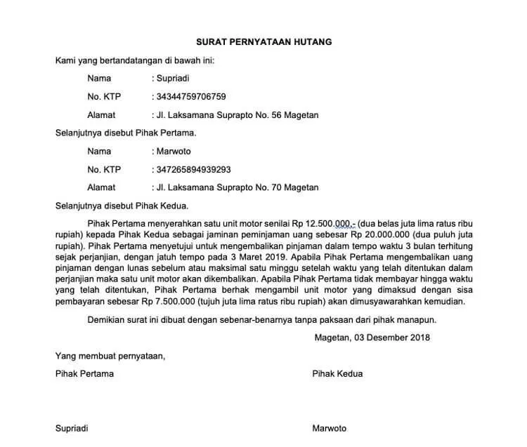 Detail Surat Pernyataan Pinjaman Nomer 19