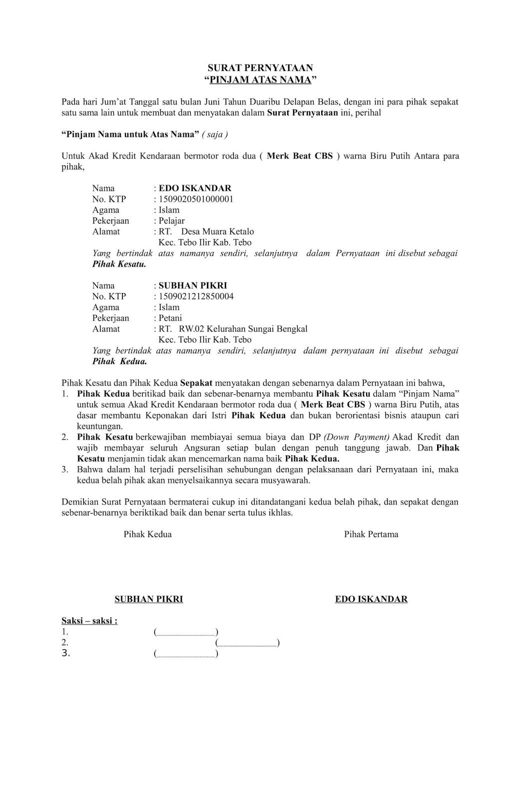 Detail Surat Pernyataan Pinjaman Nomer 26